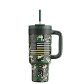 POWCAN 40 oz camo tumbler with handle, Woodland Flag design, rugged outdoor companion.