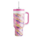 Powcan 40oz tumbler with pink handle keeps drinks cold and portable.