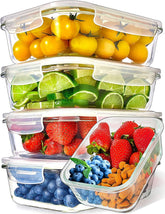 Prep Naturals glass meal prep container with lids on stacked for space savings.