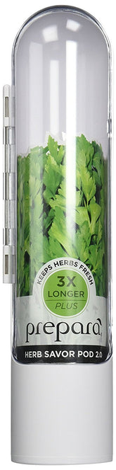 Prepara Herb Savor Pod White preserves fresh herbs in a clear, compact pod.