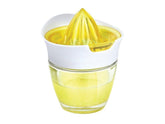 Prepara The Juiciest Juicer with white-yellow base capturing fresh citrus juice