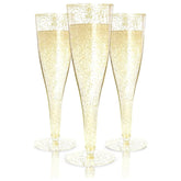 Prestee 100 gold plastic champagne flutes, 4.5 oz, ideal for elegant toasts.
