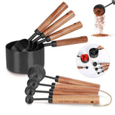 PRETTYFINE Collection eight-piece black measuring cups and spoons for precise cooking and baking.