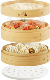Prime Home Direct 10-inch bamboo steamer basket with two tiers for multi-dish steaming.