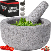 Priority Chef heavy-duty mortar and pestle in gray granite for quick fresh sauces.