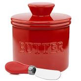 PriorityChef butter crock with lid and water line on red counter keeps butter fresh