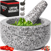 Priority Chef granite mortar and pestle set with 2 cup capacity ready for grinding herbs.