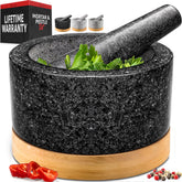 Priority Chef heavy-duty mortar and pestle in black for durable grinding.