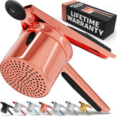 PriorityChef large 15oz potato ricer full product shot with rose gold accents and black grip.