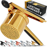 PriorityChef potato ricer in gold and black with deep basket for fluffy mash