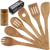 Priority Chef wooden spoon set 6pc displayed in holder for easy kitchen prep