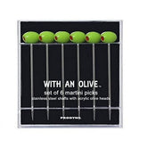 Prodyne cocktail picks with green acrylic olive head for stylish garnishes.