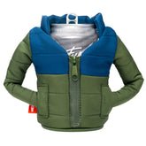 Puffin Puffy Jacket Olive Green on a can keeps drinks cold on the go