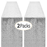 Pufogu silver sequin table runner 12x72 inches on a festive table.