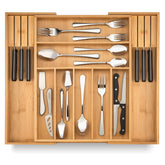 Purawood bamboo drawer organizer with knife blocks keeps utensils neatly organized.