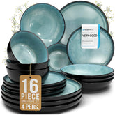 Pure Living 16-piece stoneware dinner plates in black and petrol blue for everyday dining