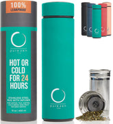 Pure Zen Tea thermos infuser bottle keeps tea hot or cold on the go.