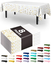 Pureegg 8-pack tablecloths pack shot highlights white and gold for easy party prep.
