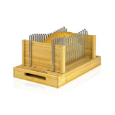 PURENJOY bamboo bread slicer with stainless rails for clean, mess-free slicing.