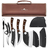 Purple Dragon butcher knife set in roll bag for organized storage and transport