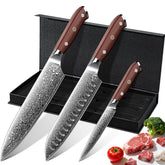 Purple Dragon Damascus knife set on display, durable walnut handles and refined craftsmanship.