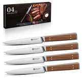 Purple Dragon serrated steak knives in a 4-pack with wood block for effortless slicing.