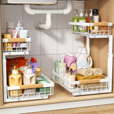 PXRACK under-sink organizer with C-shaped design fits plumbing neatly