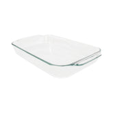 Pyrex 234 4qt clear glass baking dish, front view, ideal for easy monitoring while cooking.
