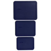 Pyrex 11-Cup blue lid on glass container for fresh fridge storage.
