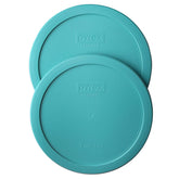 Pyrex 7402-PC turquoise lid 2-pack front view; durable BPA-free lids.