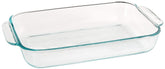 Pyrex Basics 2 Qt glass oblong dish, top view, clear glass resists stains and odors.