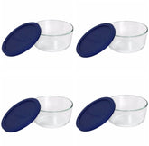 Pyrex storage 4-cup round dish with dark blue lid for fridge-to-oven use.