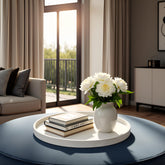 QAVOL round leather tray, top view, adds durable style to any table or ottoman.