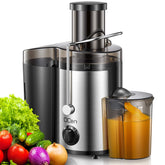 QCen juicer wide-mouth feed chute speeds prep and juicing.