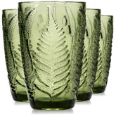 QELVIO green fern-embossed highball glass showing tactile texture.