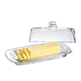 QFkris 8-inch art glass butter dish with lid on counter for easy butter access.