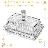 QFkris Clear Crystal Butter Dish with Lid keeps butter dust-free on the counter.