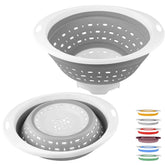 QiMH collapsible colander 5qt assembly, showing compact storage and quick drainage.