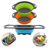 QiMH collapsible colander over-sink in action for convenient draining.