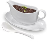 Qlans Gravy Boat with ladle and saucer showing 17oz capacity for smooth sauces