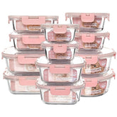 QOWOEO 12-pack glass meal prep containers stacked neatly for organized kitchen storage.
