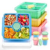 QQKO bento four-pack pastel with three compartments and sauce cups for versatile meals.