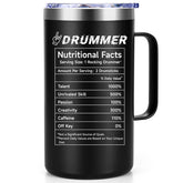 Qtencas Drummer Mug front view highlights the Nutritional Facts design for rhythm lovers