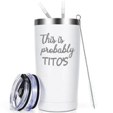 Qtencas Tito's 20oz tumbler with this is probably Tito's print, ideal for on the go hydration.