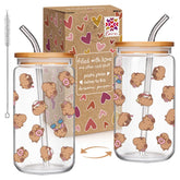 Qubereeree capybara glass cup with lid and straw, ideal for refreshing beverages on the go.