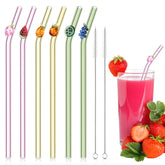 Queekay glass straw with strawberry design, bent top, ideal for colorful summer drinks