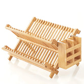 QUEENKAY two-tier collapsible dish rack top view reduces counter clutter and organizes plates.