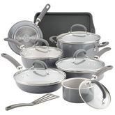 Rachael Ray Create Delicious 13-piece set overview with shimmering gray finish for even heating and easy food release.