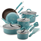 Rachael Ray Cucina 12-piece set overview with durable enamel exterior and easy cleanup.