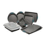 Rachael Ray Yum-o! 10-piece nonstick bakeware set in gray with blue grips for easy oven use.